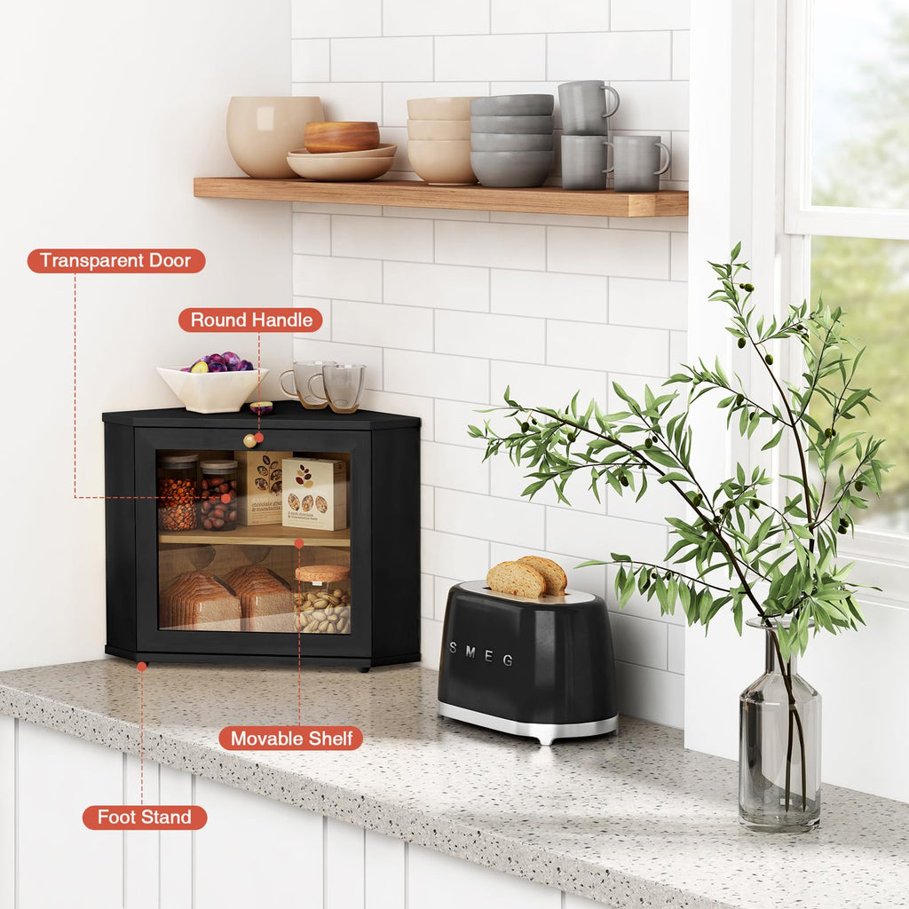 Corner 2 Tier, Double Layer Black Breadbox for Countertop