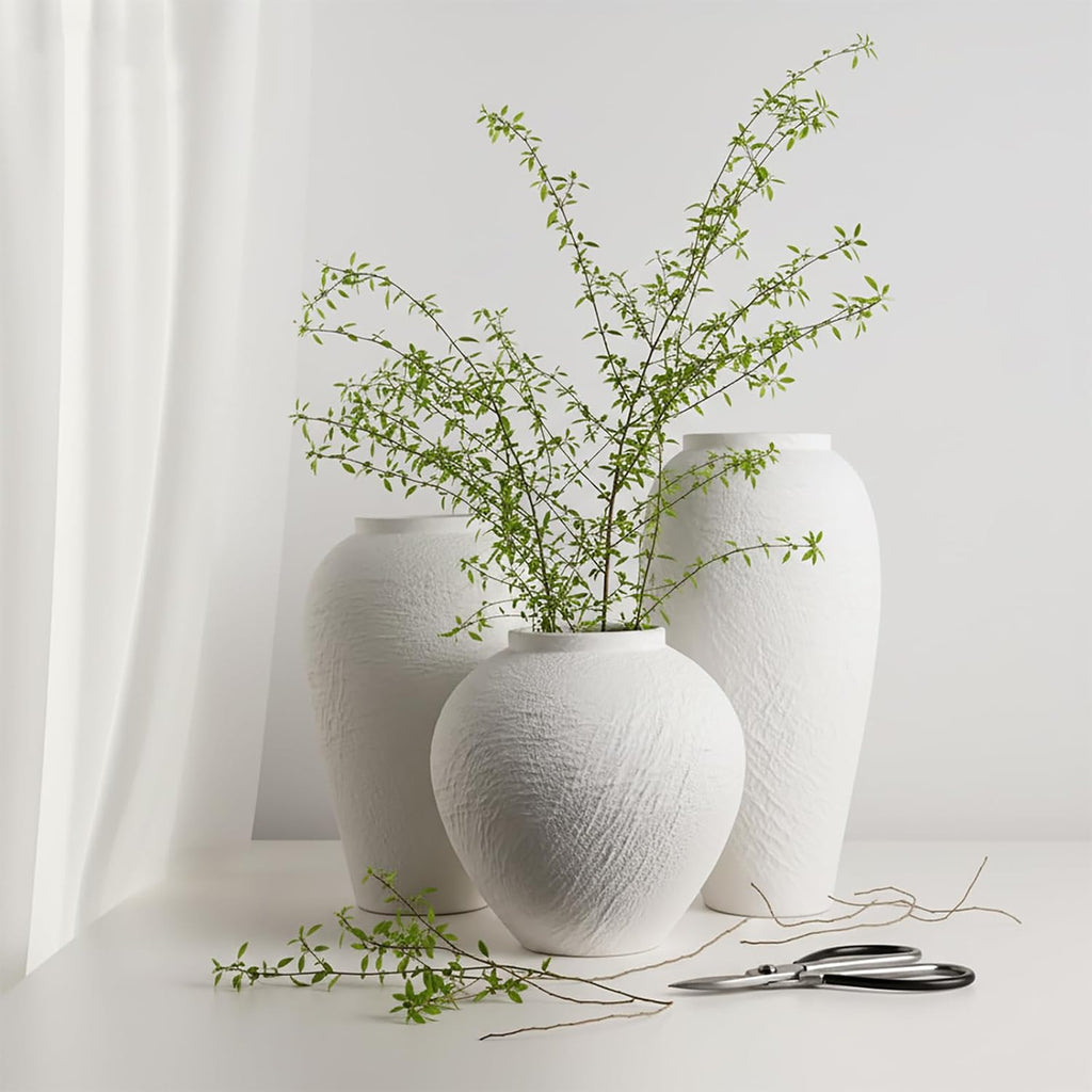 White Ceramic Vase, Large 12.6 Inch Tall Ceramic Flower Vase Home Decor, Minimalist Texture Stone White Flower Vase