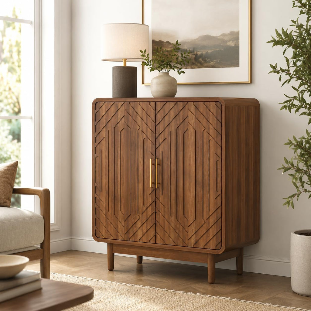 31.5" Walnut Credenza Sideboard Buffet Cabinet, 2 Doors, Kitchen | Carved panels, Gold pulls, Arched Doors, raised