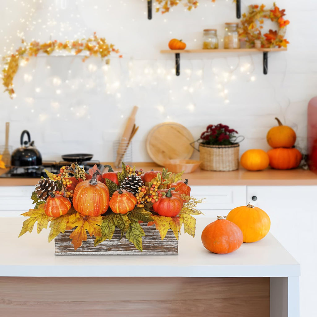 Artificial Pumpkins Fall Centerpiece for Table In Rustic Wooden Box Vase