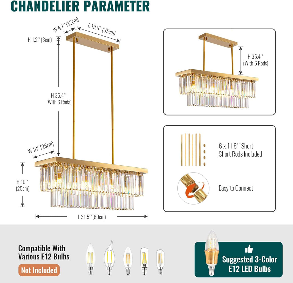 Inspired Odeon Style 8-Light Gold Rectangular Raindrop Crystal 2-Tier Chandelier L31.5" x W10" x H10"