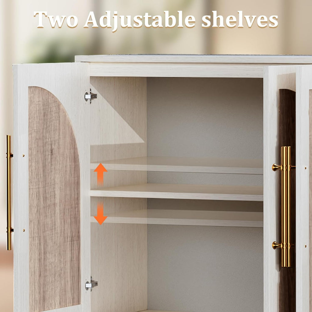 62'' Mid Century Modern Buffet Cabinet with Arch Doors, White and Natural | Adjustable Shelves, Gold Metal Handle