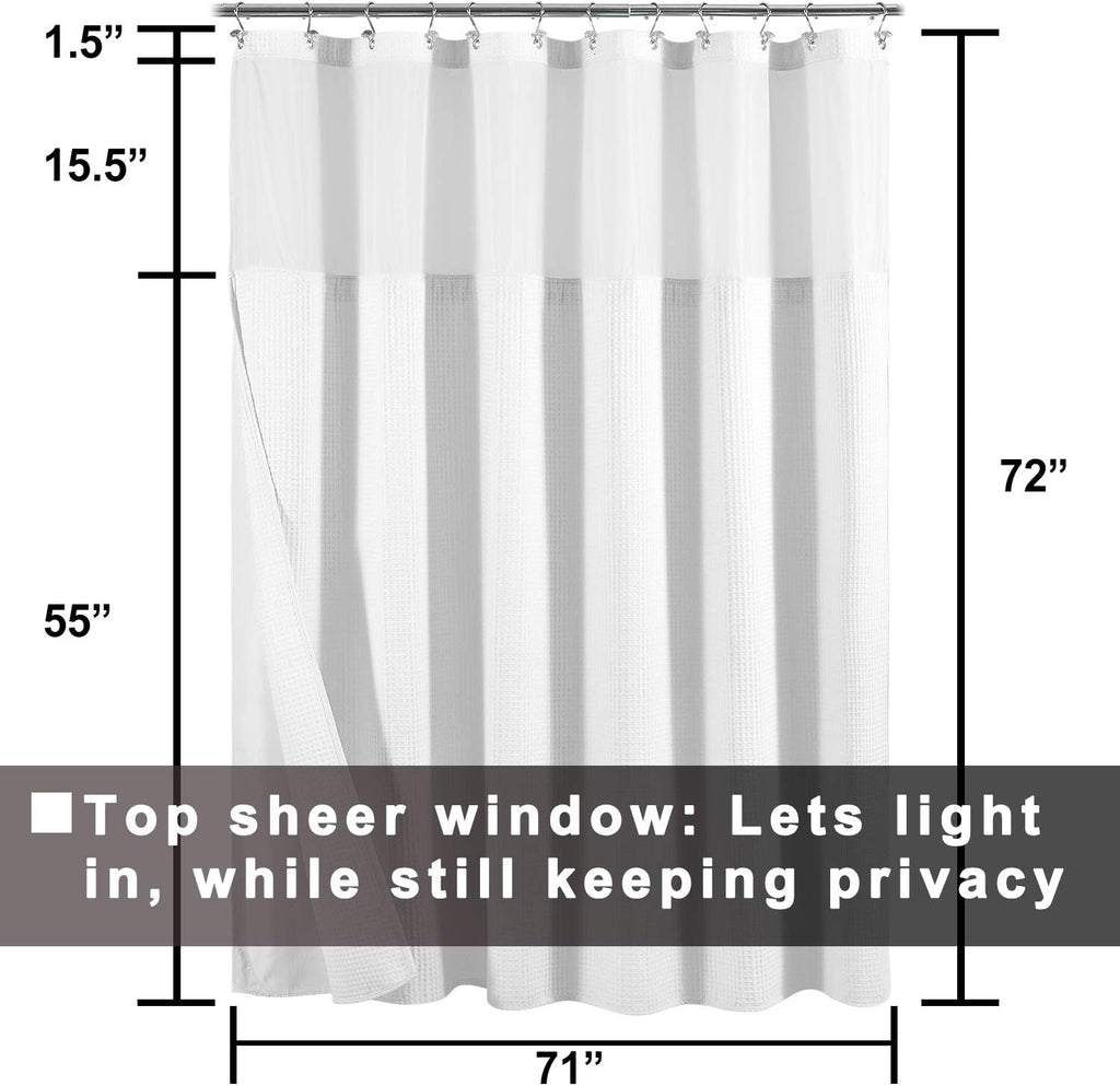 Hotel Style Cotton Shower Curtain with Snap-in Liner White | Cotton Blend, Honeycomb Waffle Weave, Fabric Snap on/off