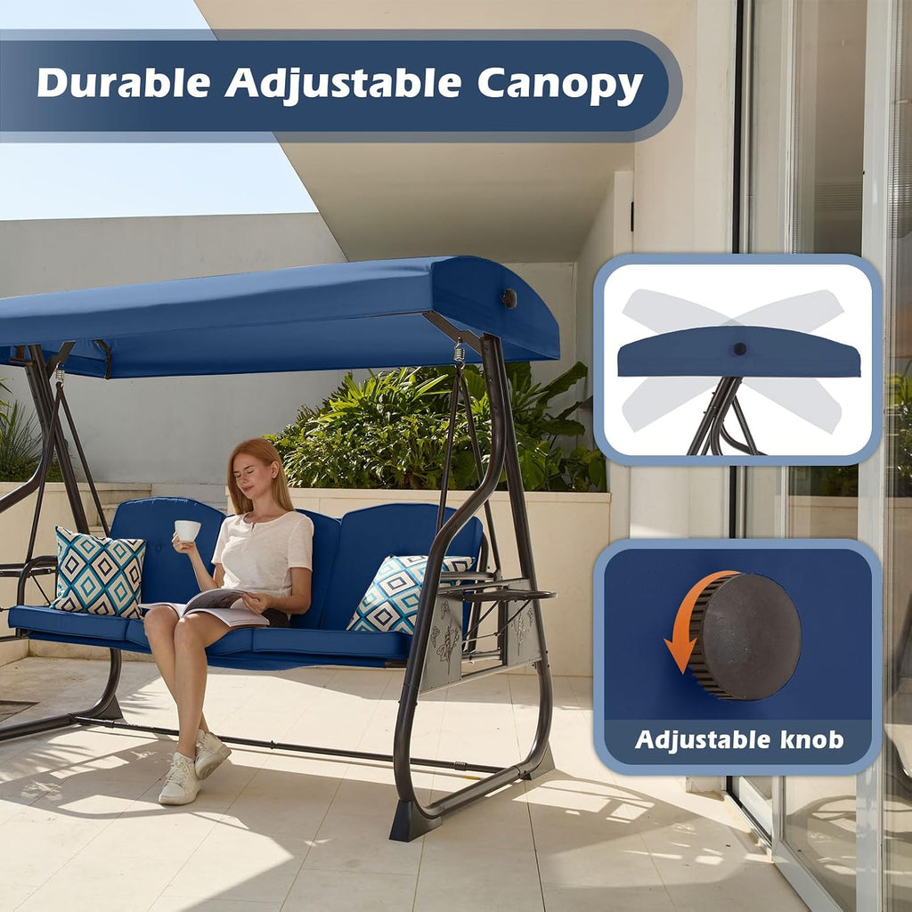 3-Seat Patio Porch Swing 800LBS Outdoor Swing with Stand w/Canopy & Adjustable Backrest Patio Glider Chair