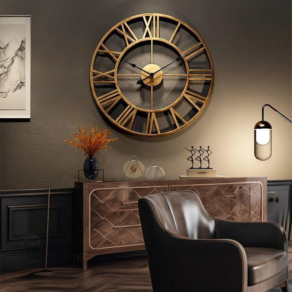 20 Inch Large Retro Wall Clock, Roman Numeral Rusty Style Round Metal Clock, Battery Operated