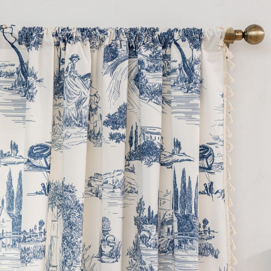 Blue Victorian curtainsCurtains 2 Panels Patterned Print Semi Blackout Farmhouse Modern Toile Pattern on Cream White