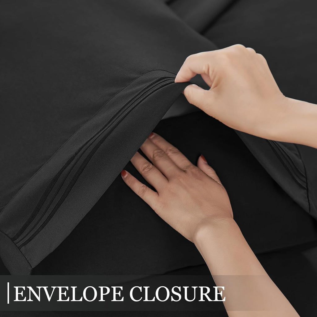 Full Bed Sheets Set, Black Cooling Hypoallergenic Microfiber Double Bed Sheets, Soft Oeko-Tex Extra Deep Pocket