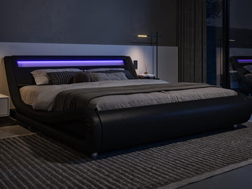 Queen LED Platform Bed Frame with Adjustable Headboard/No Box Spring Need/Easy Assembly/Faux Leather in Black