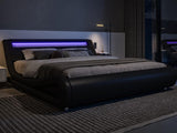 Queen LED Platform Bed Frame with Adjustable Headboard/No Box Spring Need/Easy Assembly/Faux Leather in Black