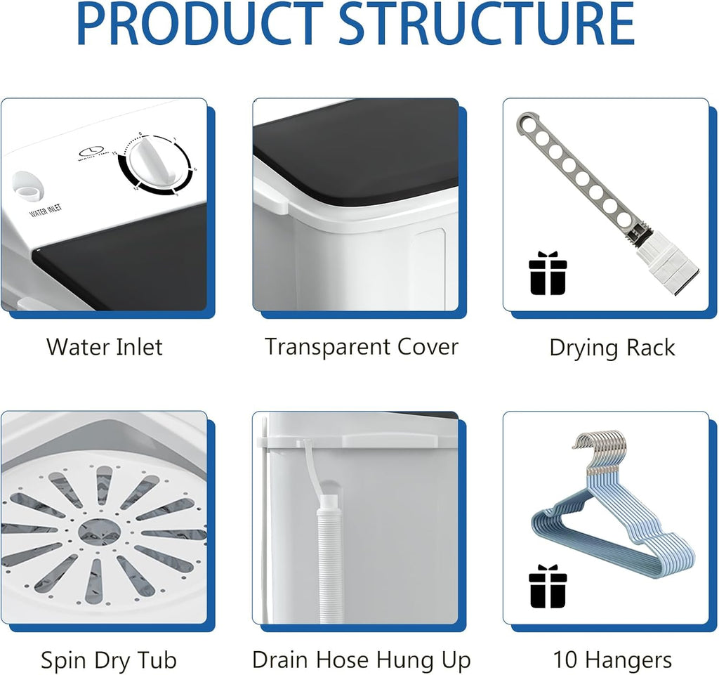 Portable Washing Machine, 18lbs Compact Laundry Washer, Free Drying Rack & 10 Hangers, 11lbs Wash & 7lbs Spin Dry