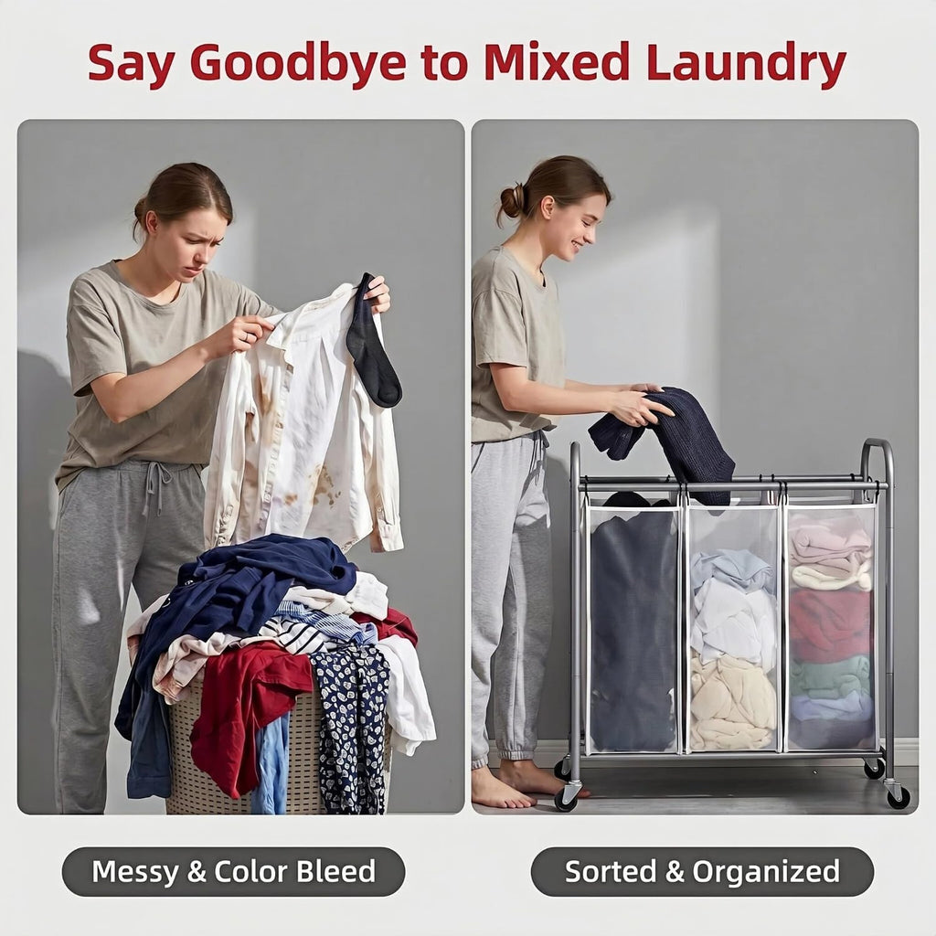 Laundry Sorter Hamper 3 Section, Divided Laundry Basket Organizer