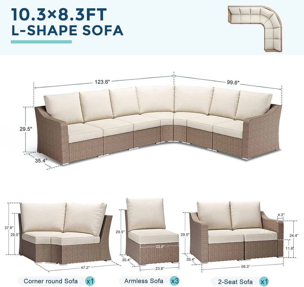 Luxury Outdoor Rattan L-Shaped Sofa, 6-Seat All-Weather Patio Sectional Furniture Set, Modular Half Round Wicker