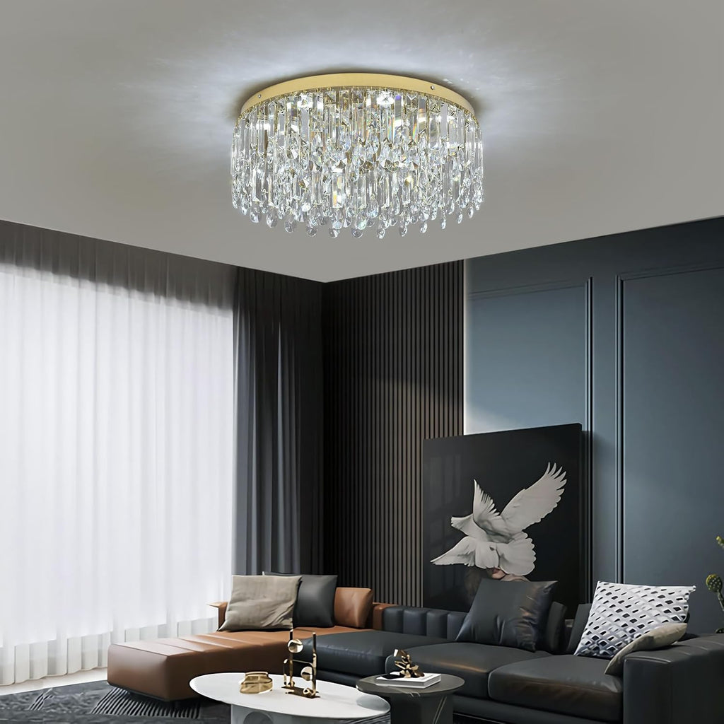 19.7" Gold Crystal Chandelier, Modern Flush Mount Ceiling Light Fixture Luxury Tri-Color LED Lighting for Living Room