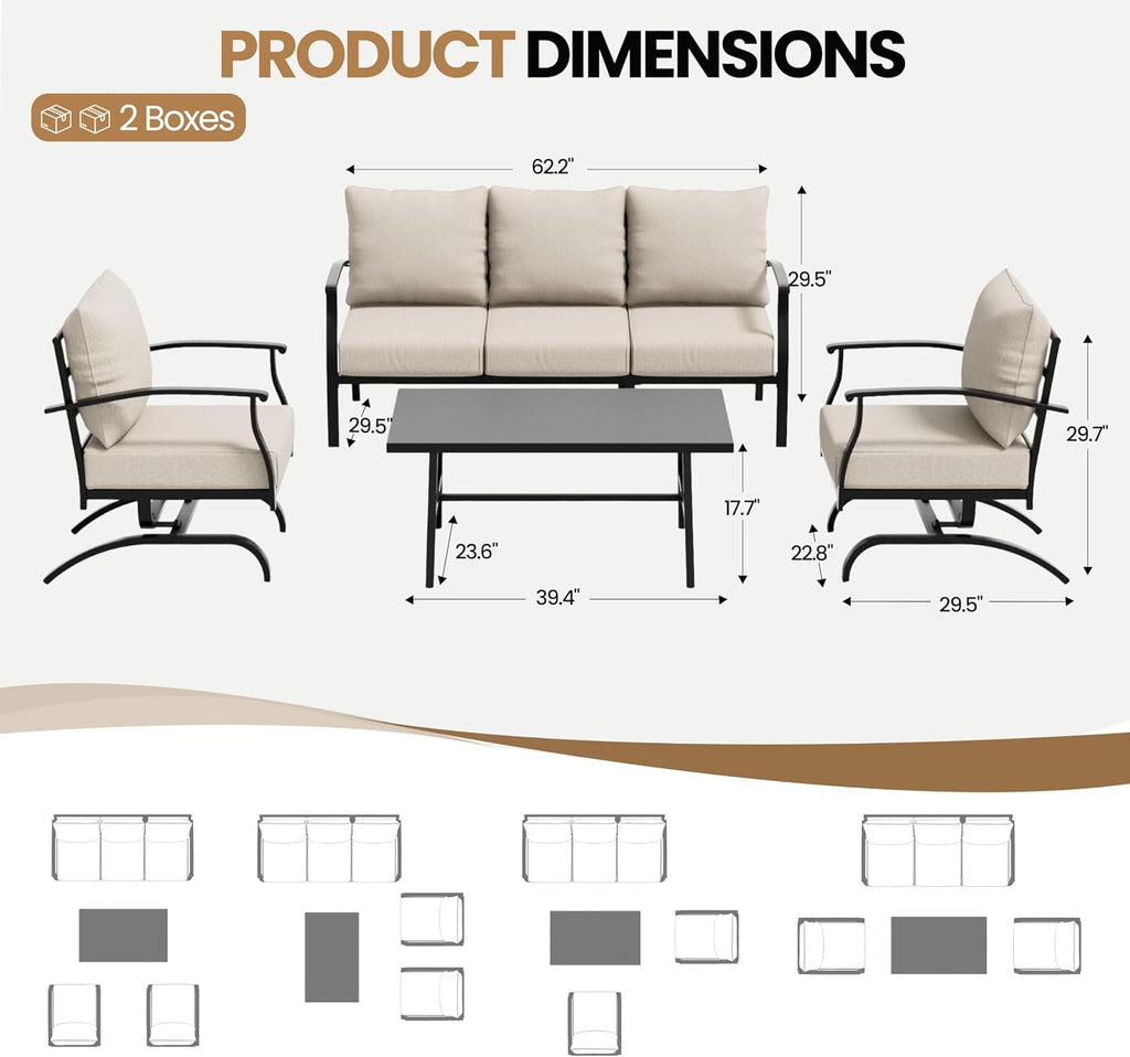 4 Piece Patio Furniture Set, Metal Outdoor Patio Furniture Set, All Weather Modern Couch Sofa with Comfortable