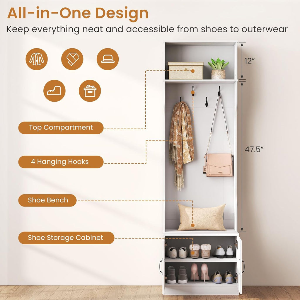 3-in-1 Hall Tree with Bench and Shoe Storage, 23.5" Tall Coat Rack with Adjustable Shelves, 4 Hanging Hooks, 2-Door