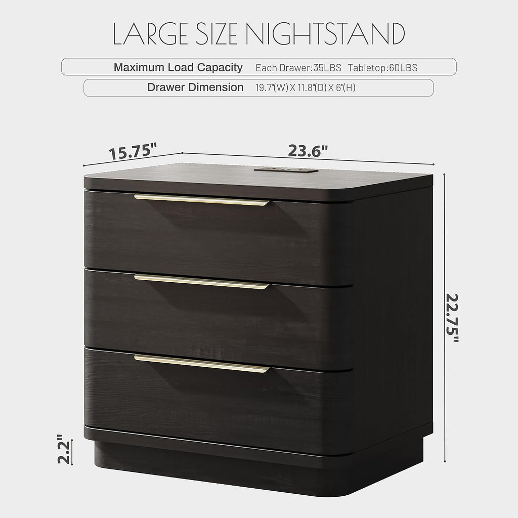 Black Nightstand with Charging Station, Modern Wood Nightstand Black Bedside Table, Wooden Nightstands with 3 Drawers