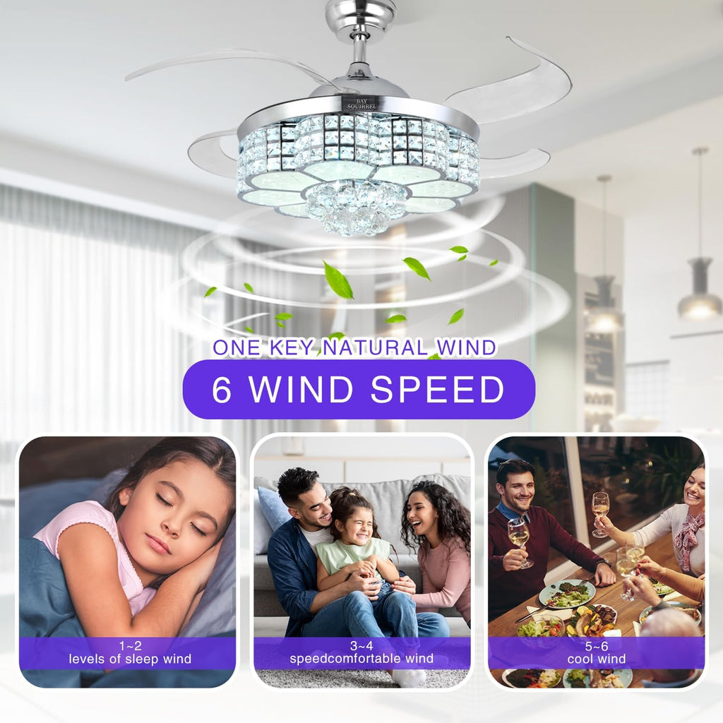 Retractable Ceiling Fan with Light and Remote/APP Control, Bluetooth Ceiling Fans with Speaker