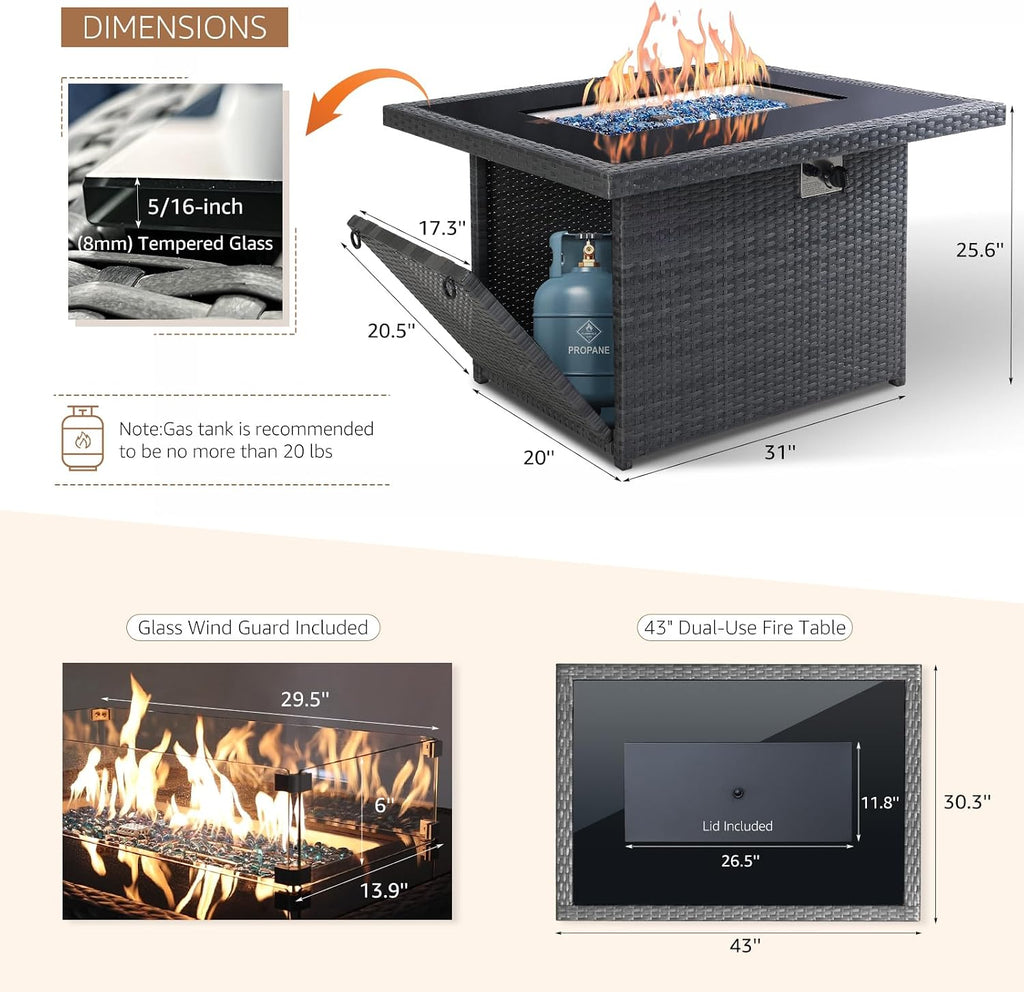 Wicker Propane Fire Pit Table, 60000 BTU Large Natural Gas Firepit Tables, 43'' Rectangle CSA Fireplaces Backyard