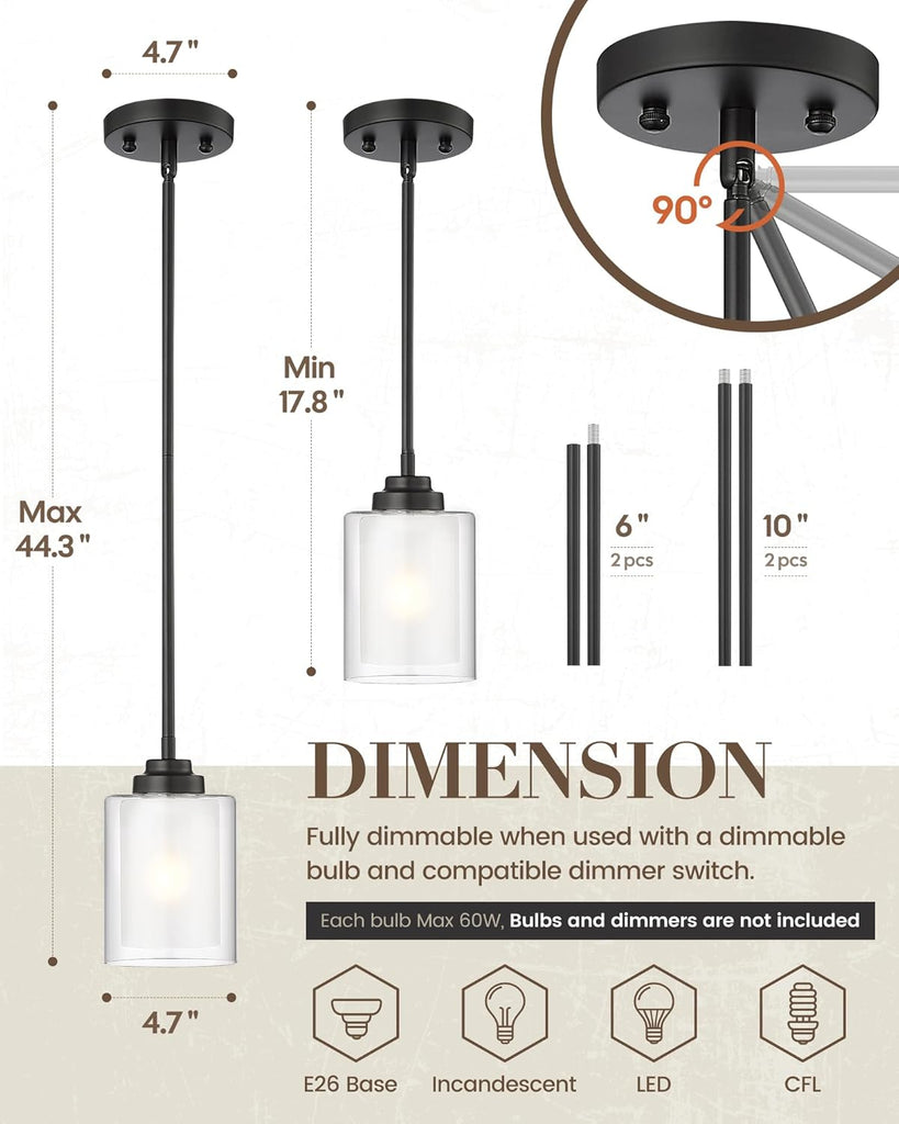 Modern Pendant Light, Matte Black Pendant Lights Kitchen Island,Farmhouse Pendant Lighting for Dining Room Bedroom