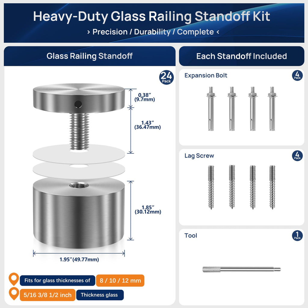 24 Pack Marine-Grade SS316 Solid Heavy Duty Glass Railing Standoff