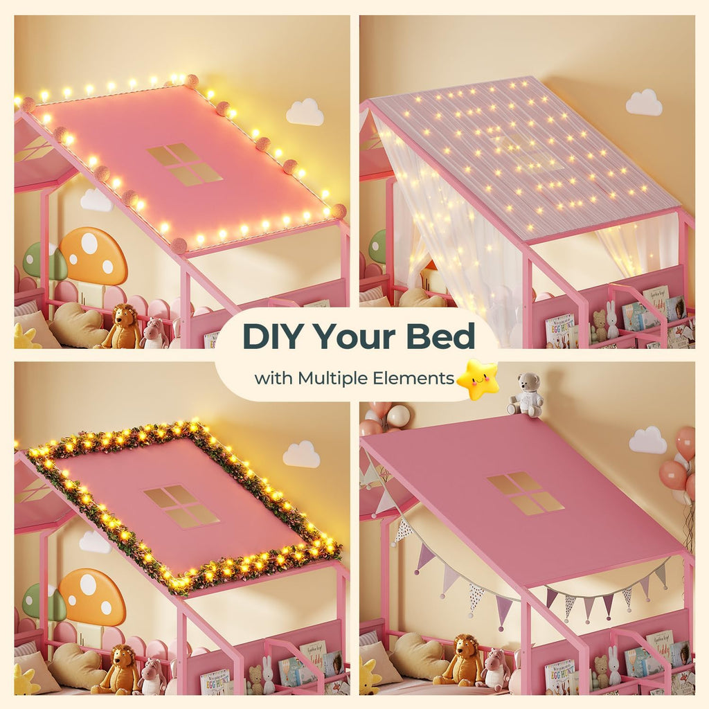 Montessori Twin Floor Bed, Safety Guardrail, Reading Nook, House Shape,Pink | Sling Bookshelves, Storage Drawers