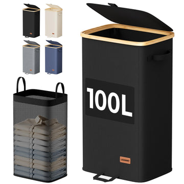 100L Laundry Hamper with Lid, Large Clothes Hamper, Black