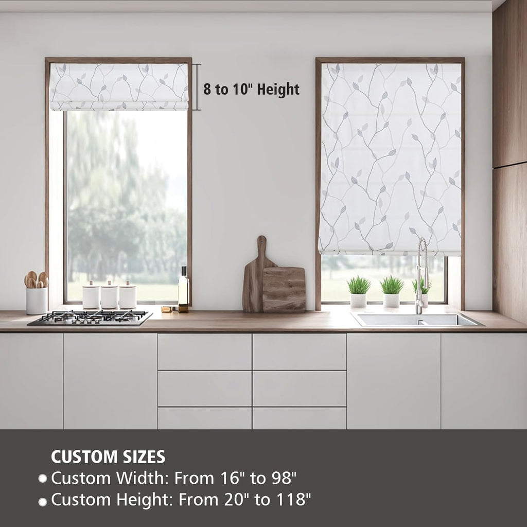Cordless Roman Shades Window Shades, Grey Brance Leaf Blackout Light Filtering Custom Window Roman Blinds, 10% Linen