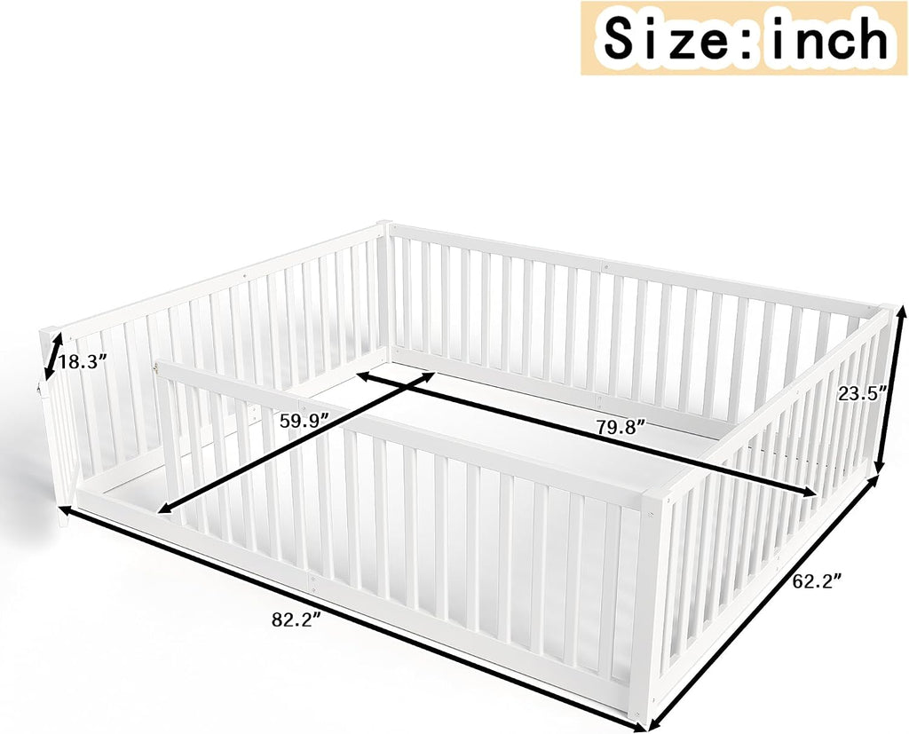 Queen Size Kids Montessori Floor Bed with Door,Solid Wood Floor Bed Frame with High Fence for Girls,Boys,White