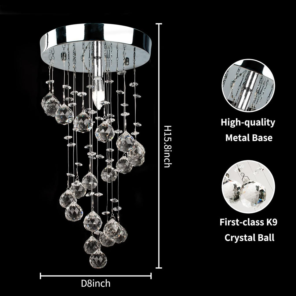 Elegant Spiral Flush Mount Chandelier, Modern Raindrop Chandelier Crystal Ball Chandeliers Fixture Pendant Ceiling Lamp Lighting Fixtures for Bedroom, Hallway, LivingRoom, D8''x H15.8''