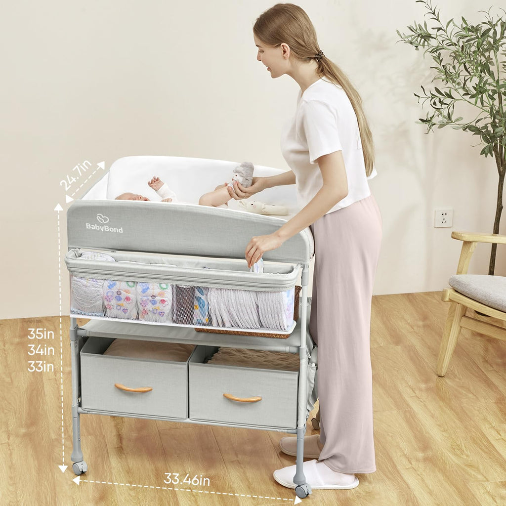 Portable Baby Changing Table with 2 Storage Baskets (Beige) | Large Storage Foldable Changing Table for Infant and
