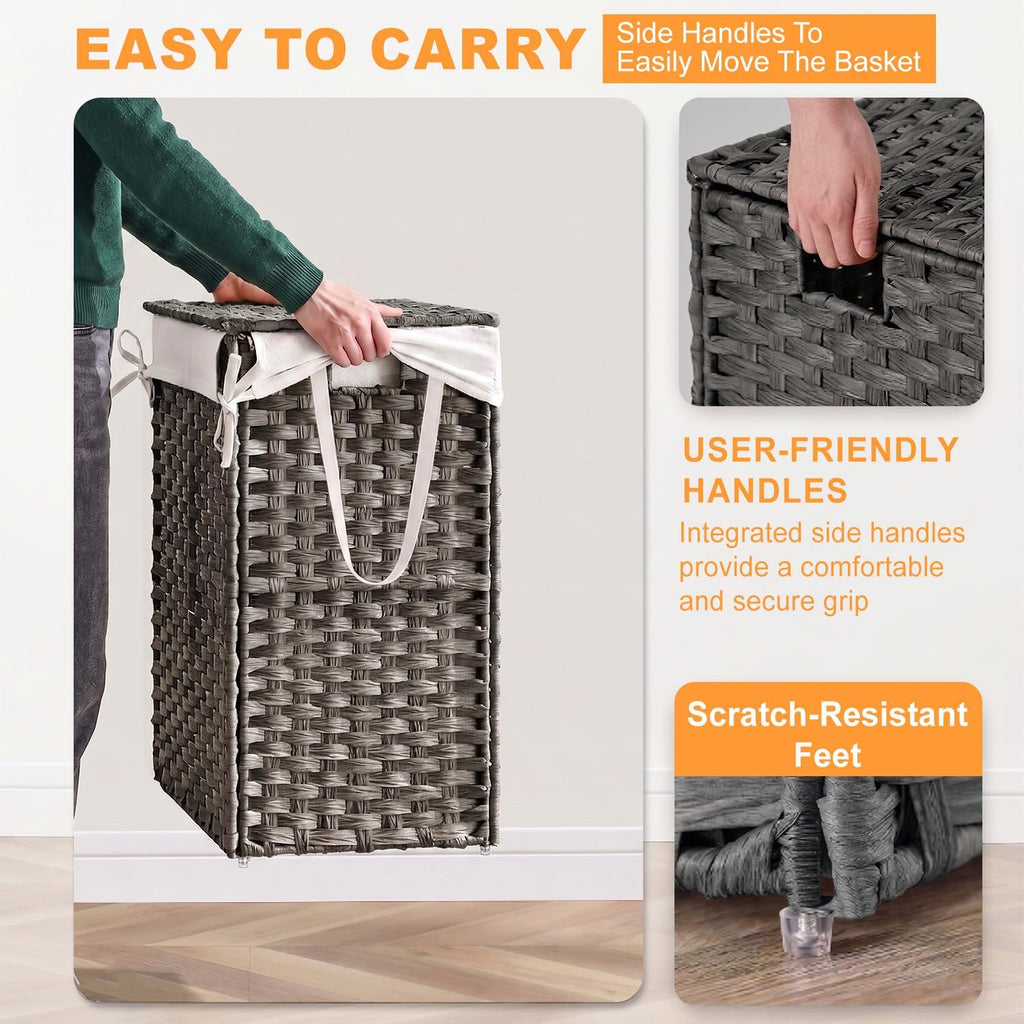 Handwoven Laundry Hamper with Lid, 110L Foldable Rattan Clothes Basket with 2 Removable Liners & 6 Mesh Laundry Bags