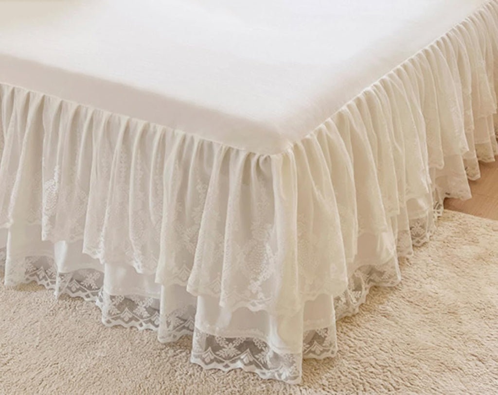 Romantic Summer Ruffled Bed Skirt with Sheet,Dust Ruffle Bedskirt with Two Lace Layers,17.7" Drop