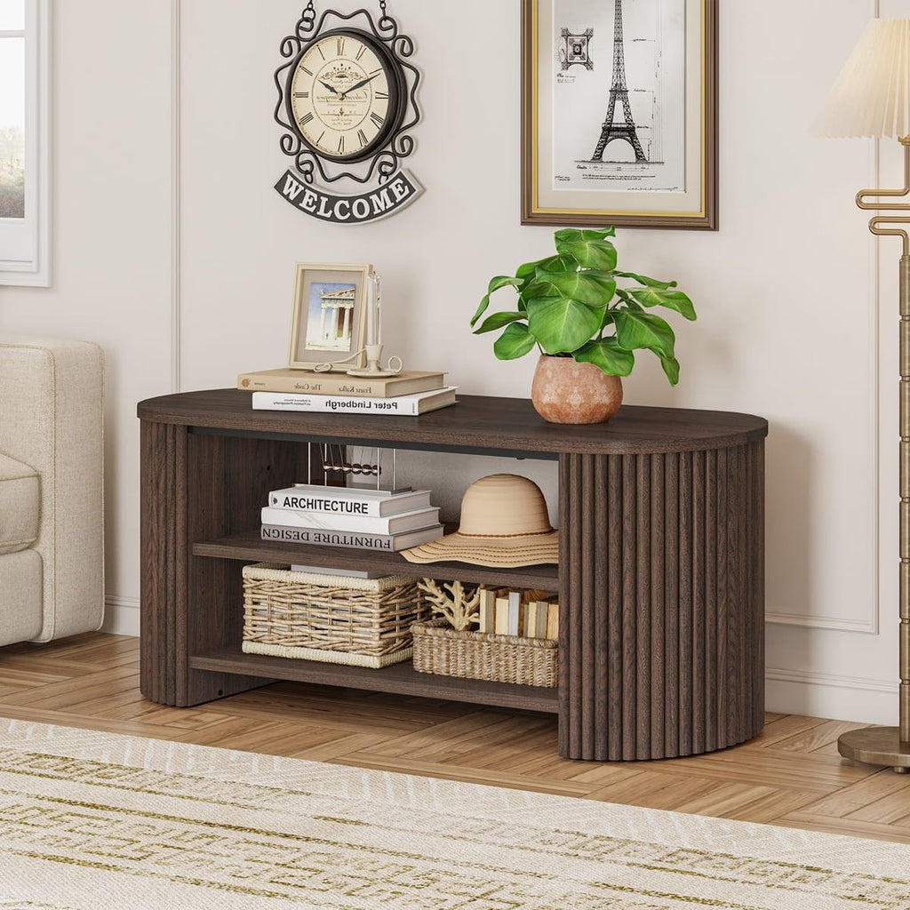 Shoe Storage Bench, Oval Fluted Entryway Bench with 5-Position Adjustable Shelf, Modern Mid-Century Wood Benches