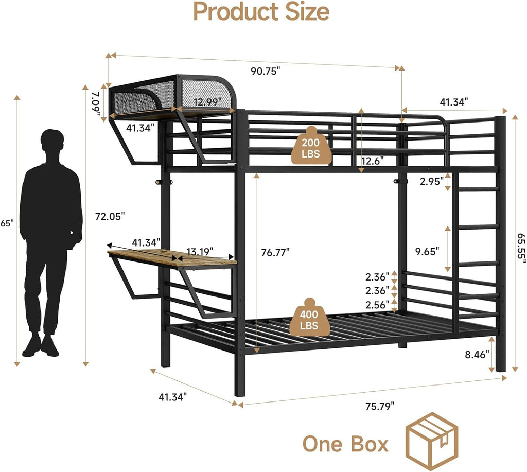 Bunk Bed Twin Over Twin, Metal Bunk Beds with Power Outlets & Desk