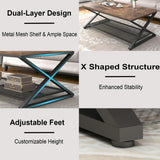Rustic Coffee Table with Storage, Industrial Wood Metal 2 Tier Center Living Room Table with Mesh Shelf