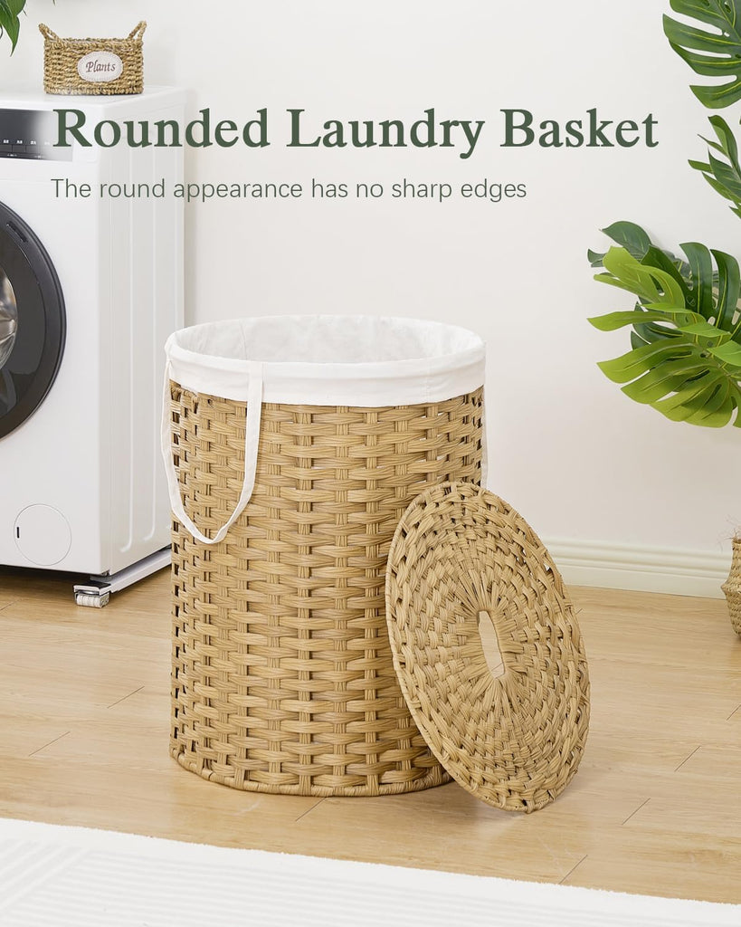 Laundry Basket with Lid Round 29.1 Gal PE Rattan, Natural | Family Clothes & Blanket Trunk with Lid, Removable Liner
