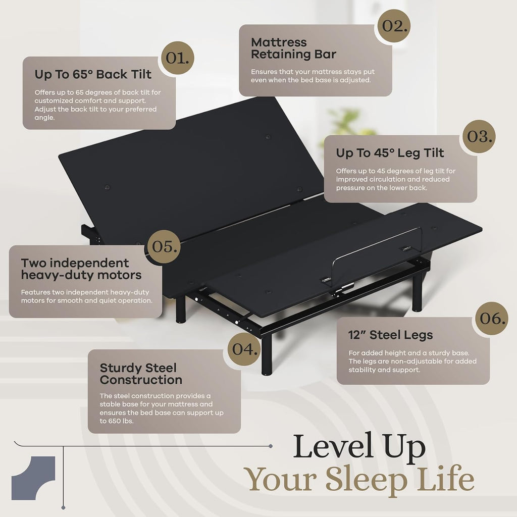Sven and Son Essential Adjustable Bed Base (Frame) + 14 inch Hybrid Spring Matt (Medium Soft), Easy Assembly, Head