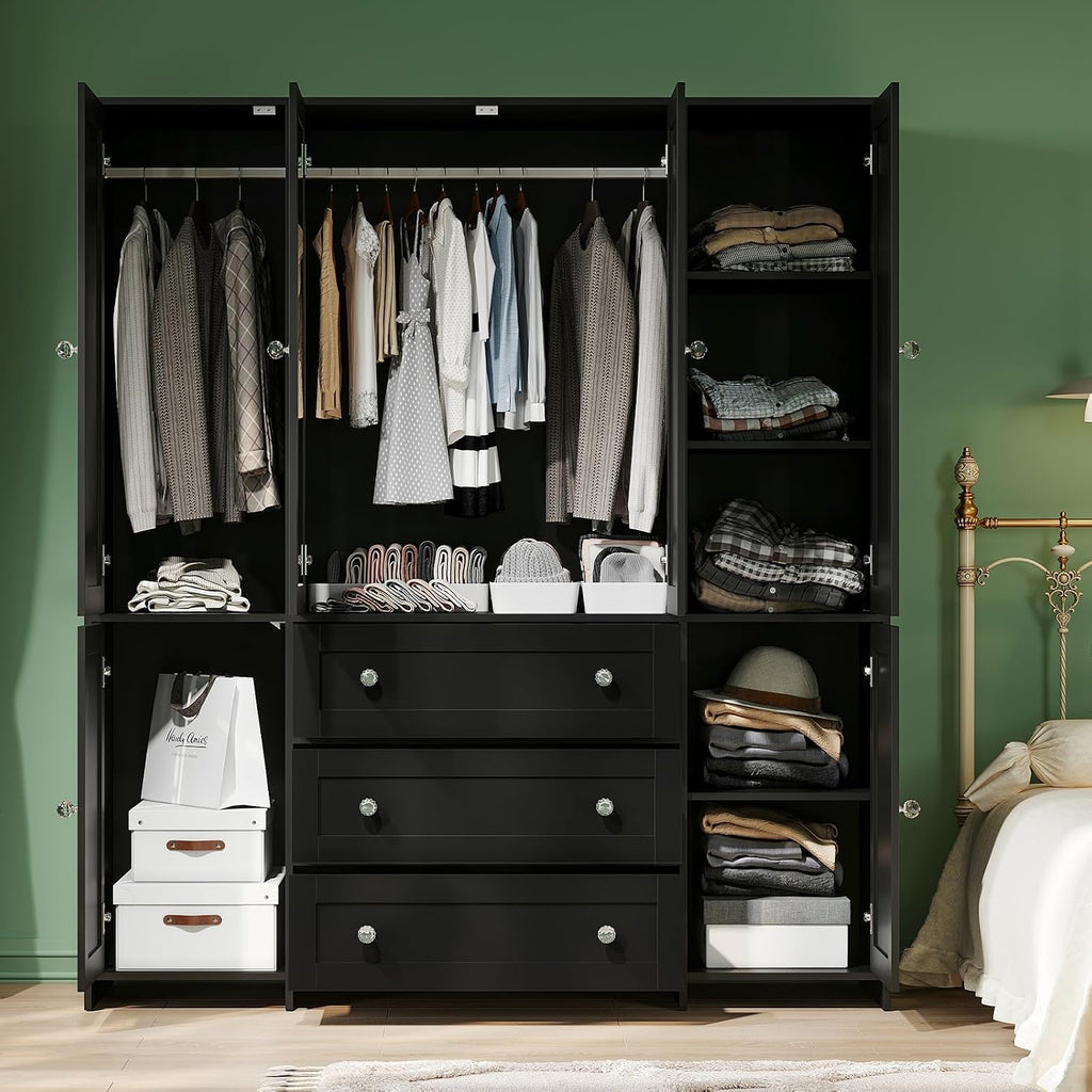 71" Armoire Wardrobe Closet with Drawers and Mirror, 6 Doors | Clothing Storage Cabinet with Hanging Rod, Wooden