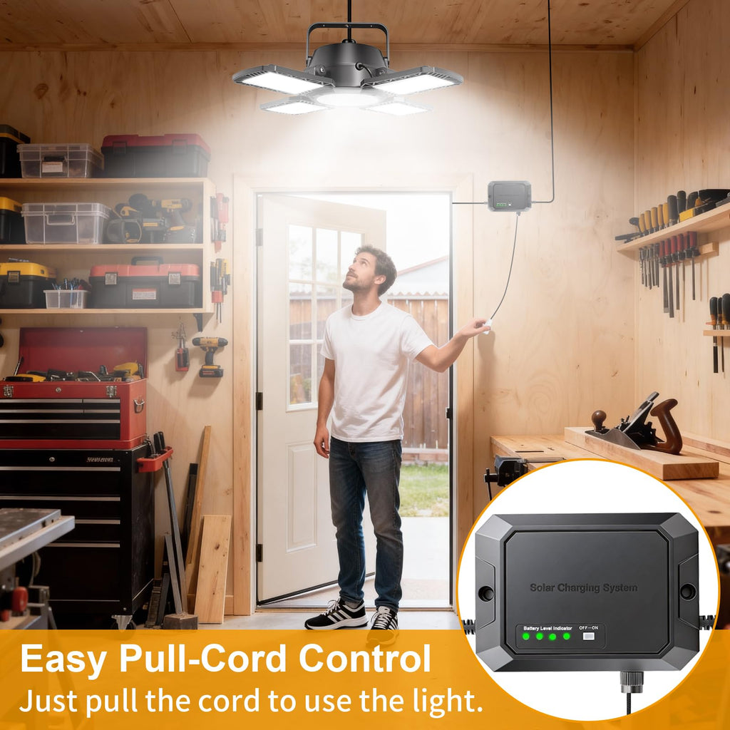 Solar Shed Lights Indoor Outdoor with Pull String, Available All Day Solar Pendant Light, High/Low Brightness