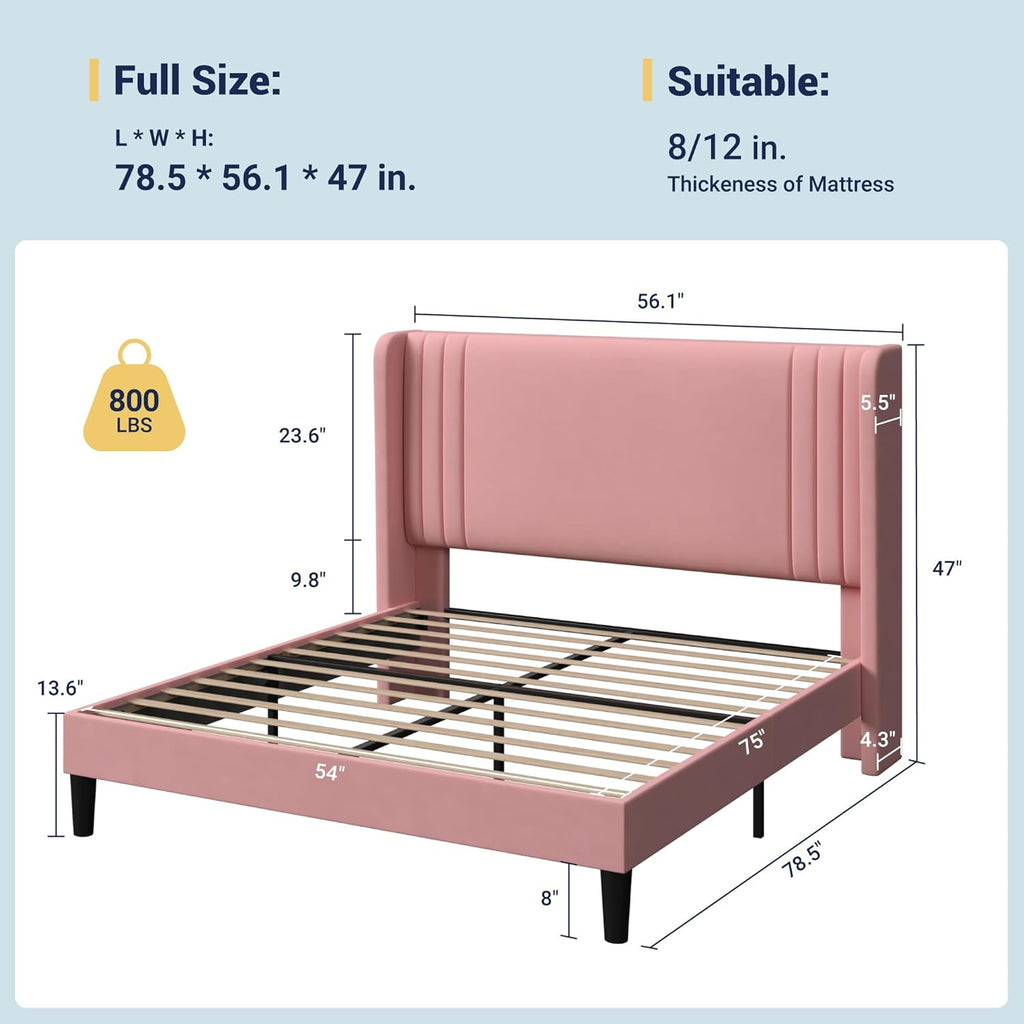 Full Velvet Platform Bed Frame with Vertical Tufted Wingback Headboard, Easy Assembly, Under Bed Storage
