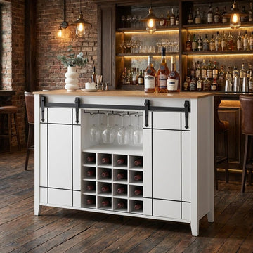 Farmhouse Coffee Bar Cabinet 47", Buffet Cabinet with Sliding Barn Door, Coffee Bar with 4 Glass Hooks and 16 Wine