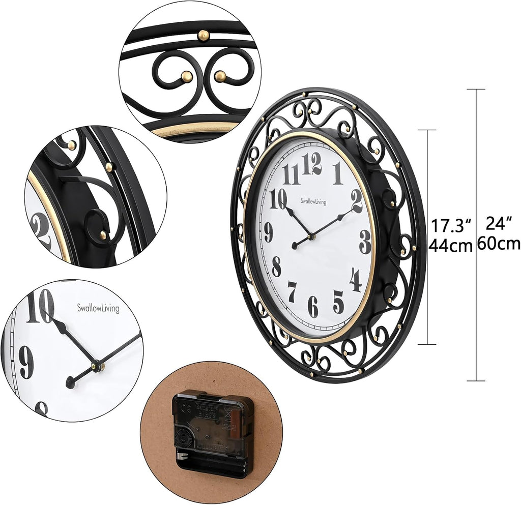 24 Inch Vintage Iron Metal Frame Wall Clock Silent, Battery Operated, Elegant Retro Decor