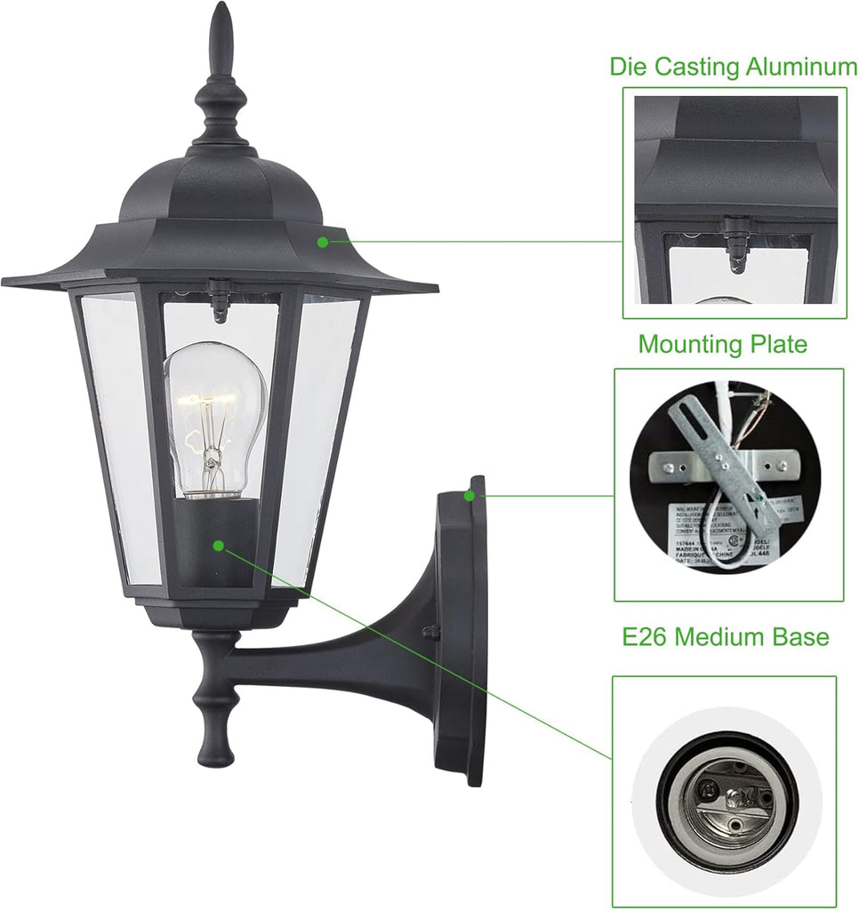 Outdoor Wall Lantern, Black Wall Sconce for House Porch Lighting Fixture, E26 Base 60W Max, Metal Housing Plus Glass