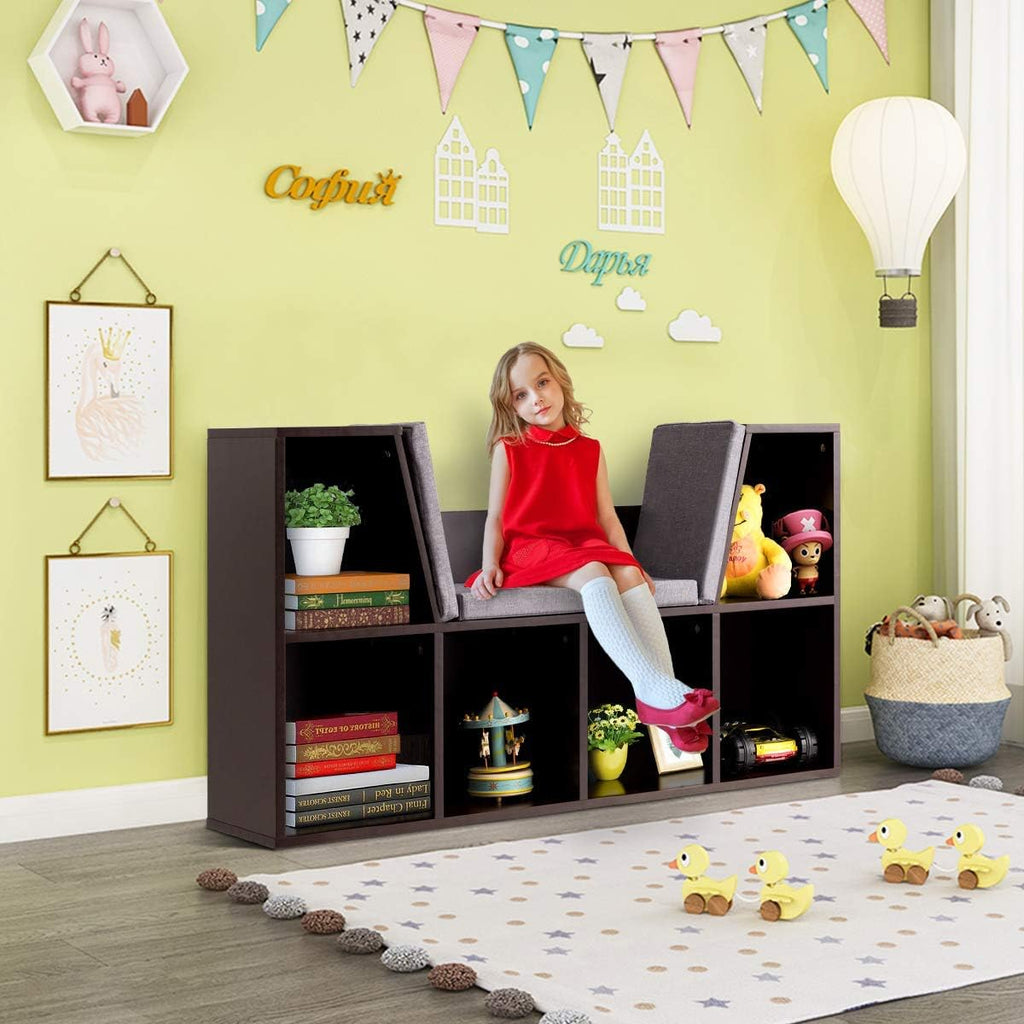 Kids Bookshelf with Reading Nook, 6 Cubby Bookcase with Soft Seat Cushion, Wooden Toy Storage Organizer with Bench
