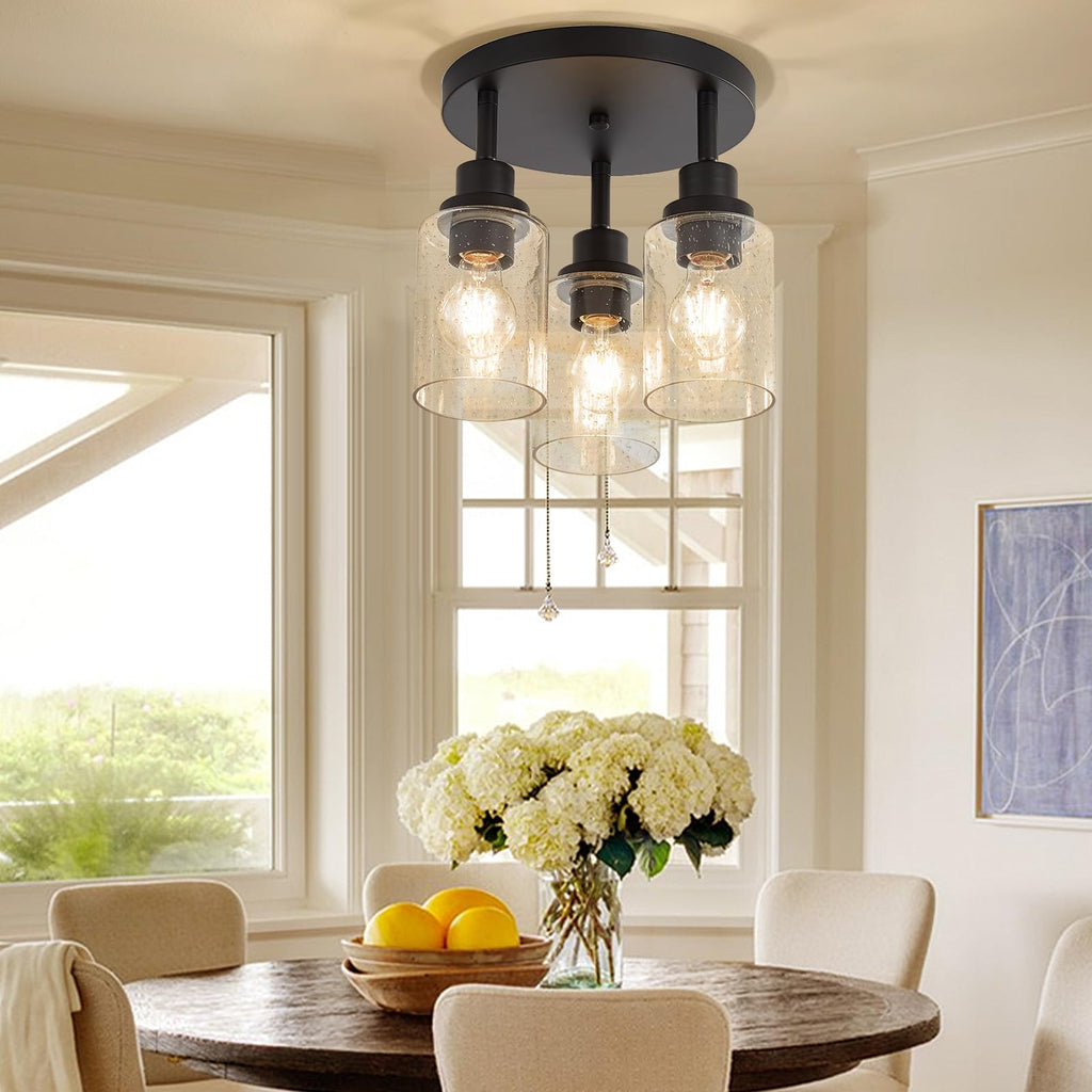 Track Lighting with Rotatable Light Heads, Black Ceiling Track Lighting Fixtures with Seeded Glass Shade