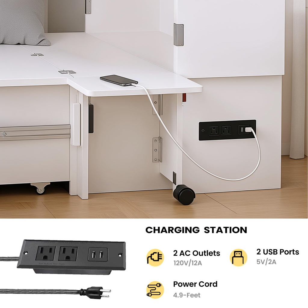 Murphy Bed with Storage & Charging Station, Queen Size Murphy Cabinet Bed Hideaway Bed with Motion Sensor Lights
