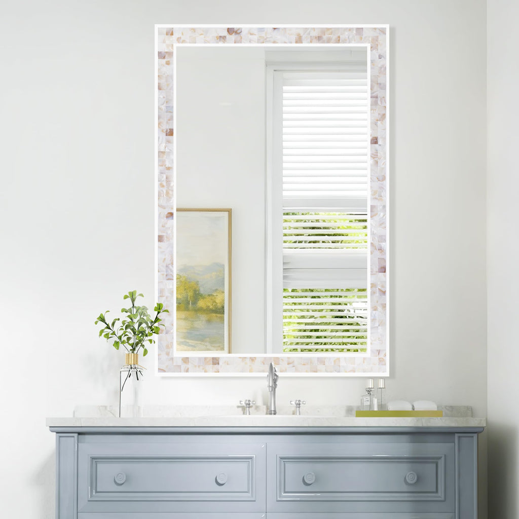 30 x 36 Inch Bathroom Rectangle Wall Mirror, Natural Shell Mosaic Frame