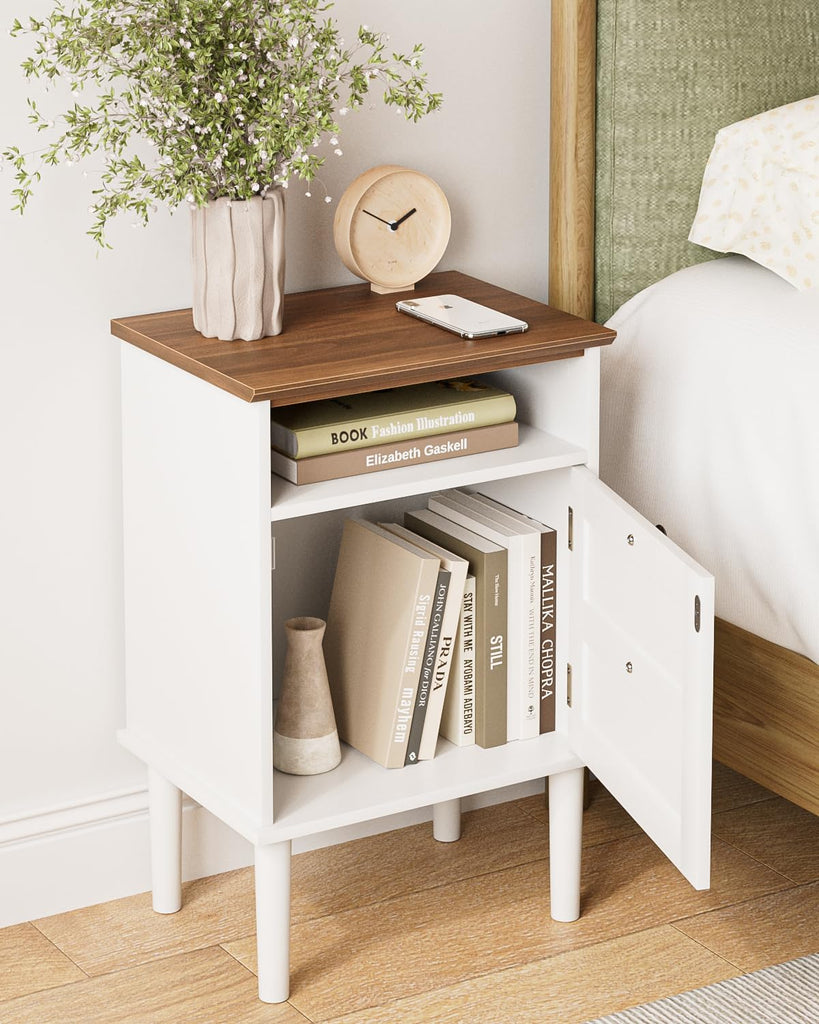 Nightstand, Boho Night Stand with 1 Drawer, Modern Side Accent Table with Open Shelf, Wooden Top Bedside End Table