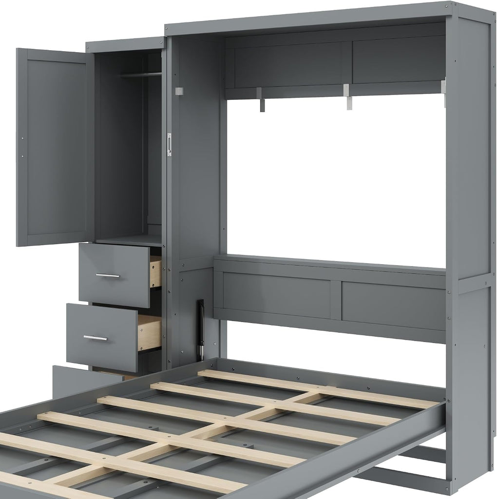 Full Murphy Bed with Storage Cabinet, Foldable Space-Saving Wood Wall Bed Frame with Wardrobe and 3 Drawers, Hidden