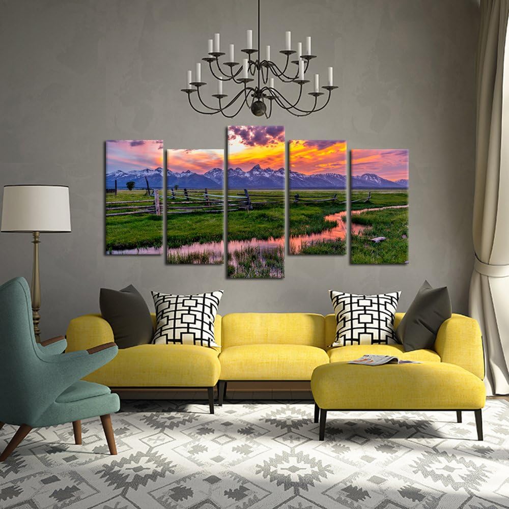 5 Pieces Grand Teton National Park USA Landscape Wall Art Canvas Print Sunset Nature Picture Modern Home Decor